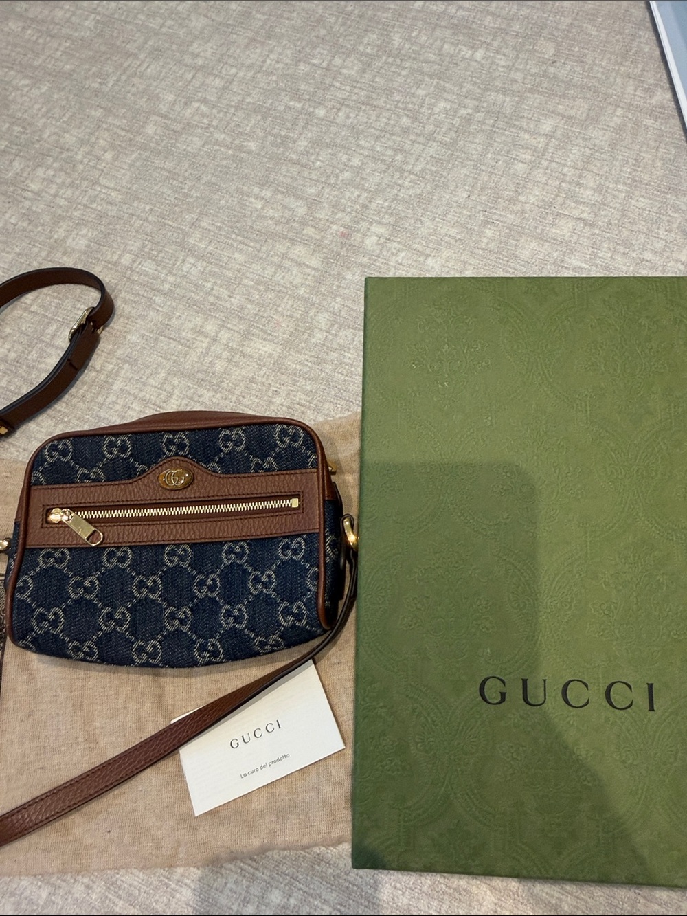 Gucci Ophidia GG Denim Crossbody with Brown Leather Trim and Gold Hardware